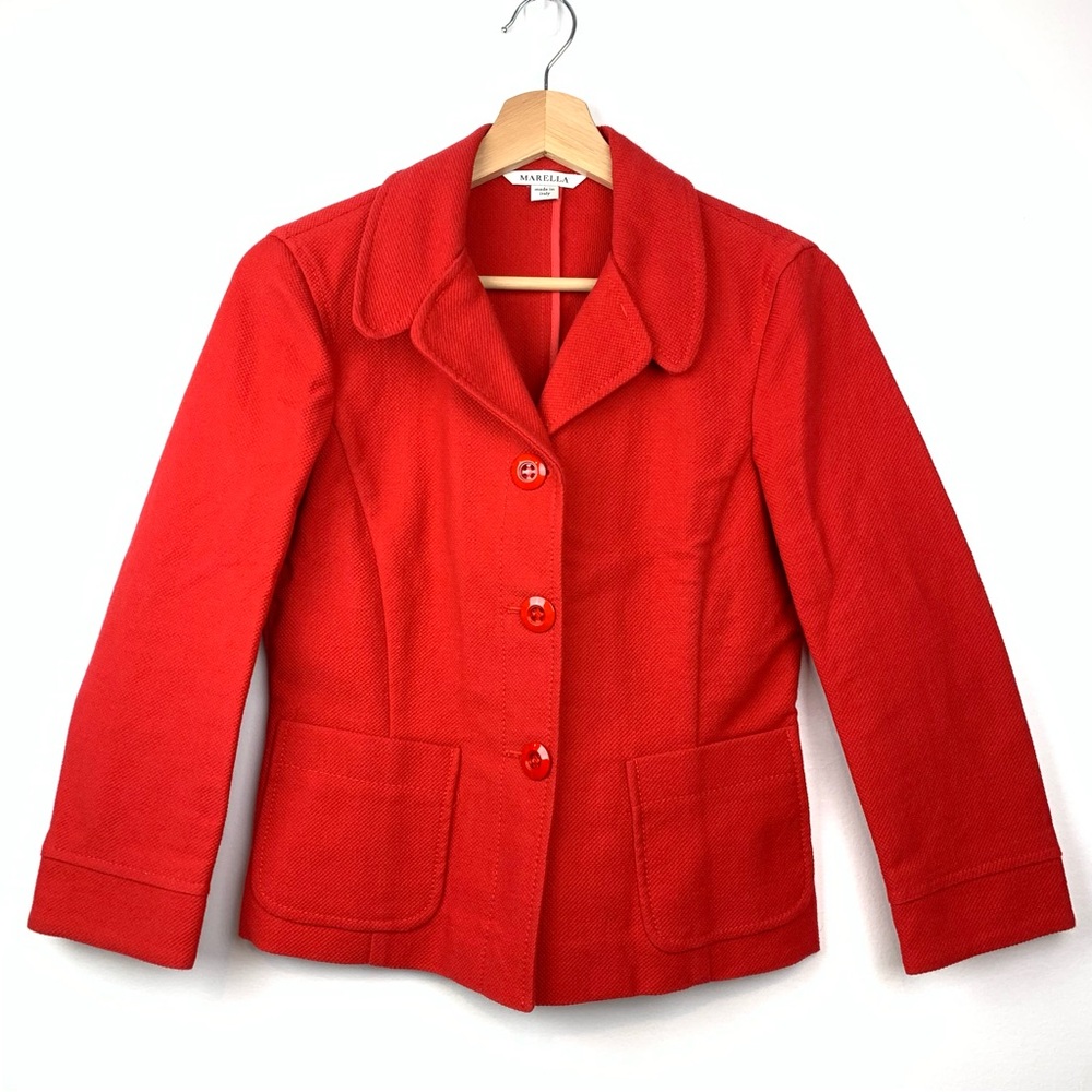Marella Blazer Red 3 Buttons Sz 4 Pockets Cotton Italy Elegant Office Textured